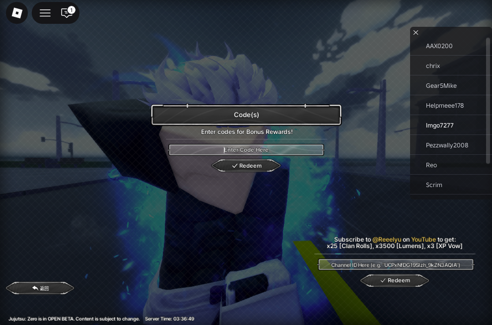 Jujutsu: Zero Code(s) panel with Enter Code Here and Redeem button