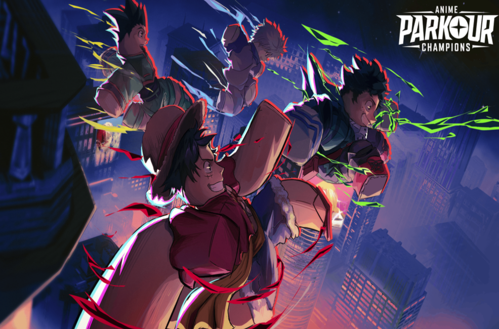 Anime Parkour Champions key art showing anime-styled characters leaping above a neon city skyline