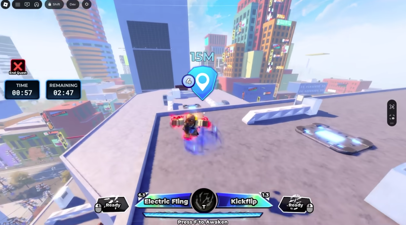 Parkour Champions screenshot showing a rooftop objective marker with remaining time for a quest segment