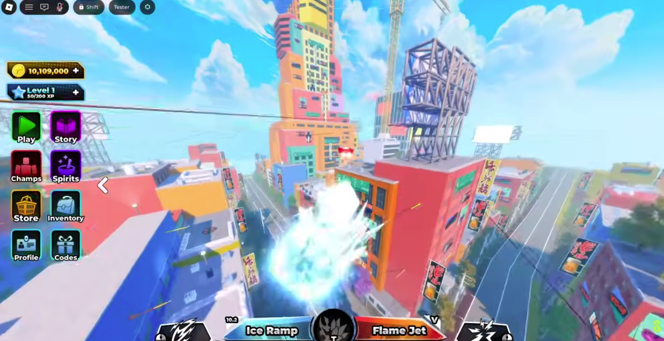 Parkour Champions screenshot showing a character moving above the city with ability names like Ice Ramp and Flame Jet on the HUD