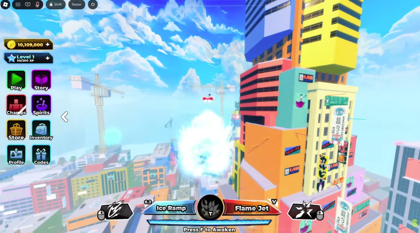 Parkour Champions screenshot showing a character flying near tall buildings with ability names Ice Ramp and Flame Jet on the HUD