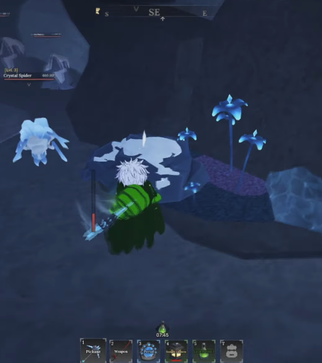 The Forge Frostspire cave screenshot showing a player mining near icy rocks and glowing blue crystal plants, with a Crystal Spider enemy visible on the left UI