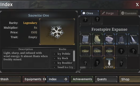 The Forge in-game Index screen for Snowite Ore showing rarity Legendary, multiplier 8x, price 150$, a snowflake icon, and Frostspire Expanse node types like Icy Pebble and Icy Boulder