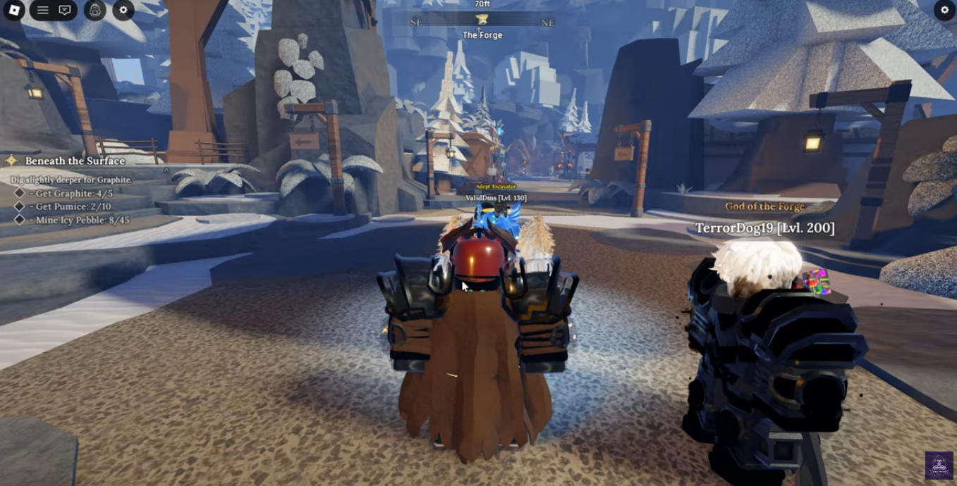 The Forge screenshot showing a snowy in-game area with UI elements, used as a reminder to redeem codes only inside the official Roblox game experience