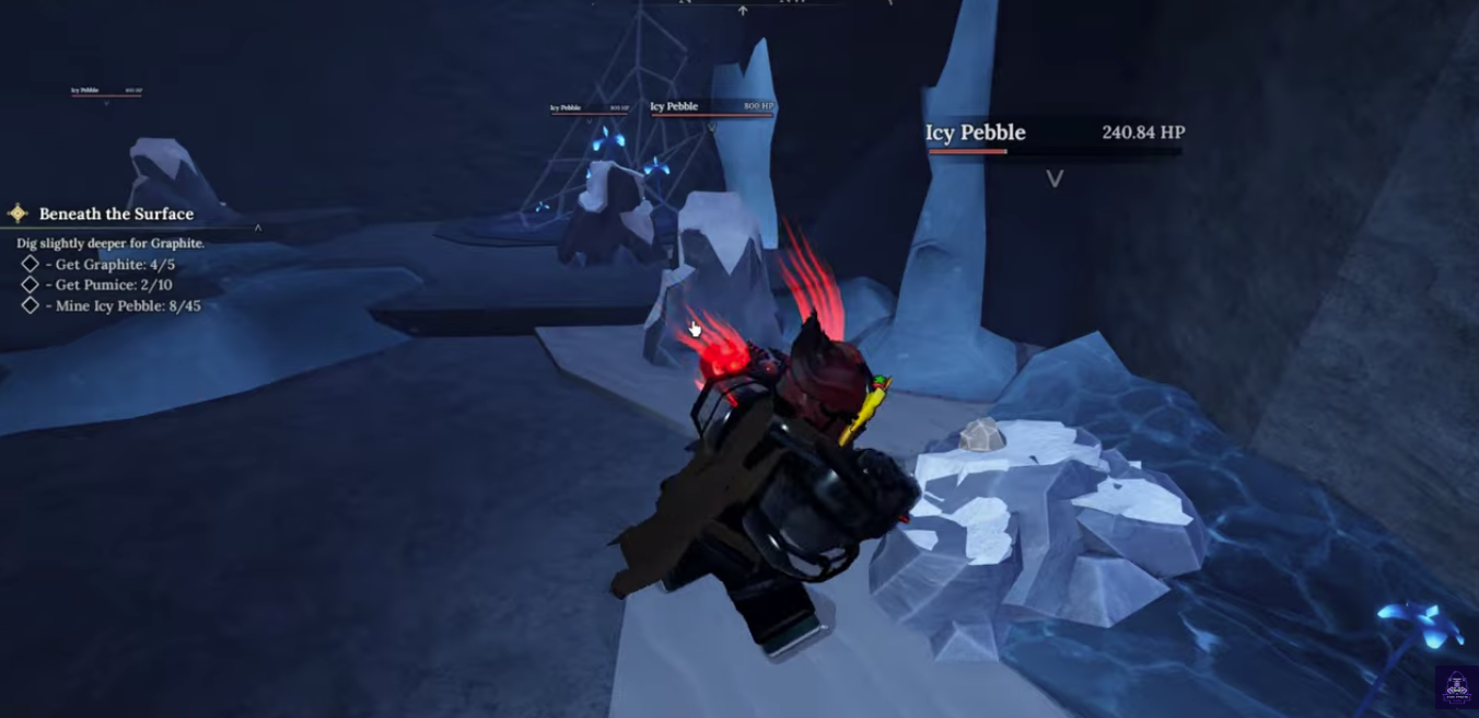 The Forge screenshot showing the player mining an Icy Pebble node with an on-screen HP bar labeled Icy Pebble in a Frostspire cave